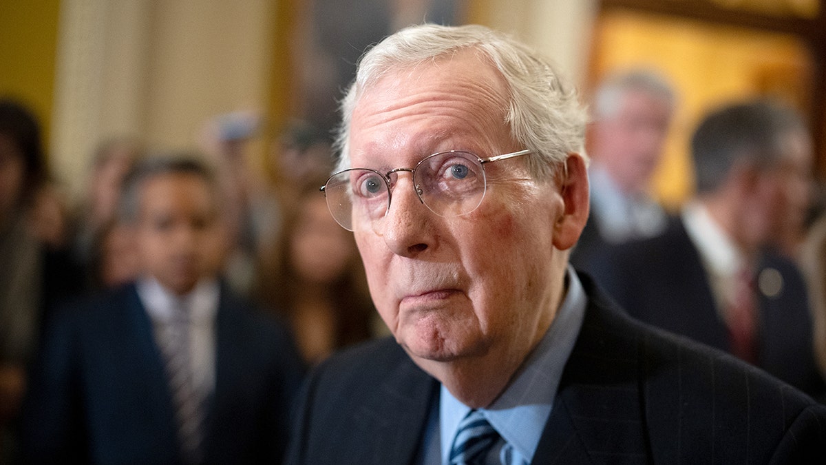 Senate Minority Leader Mitch McConnell speaks to media