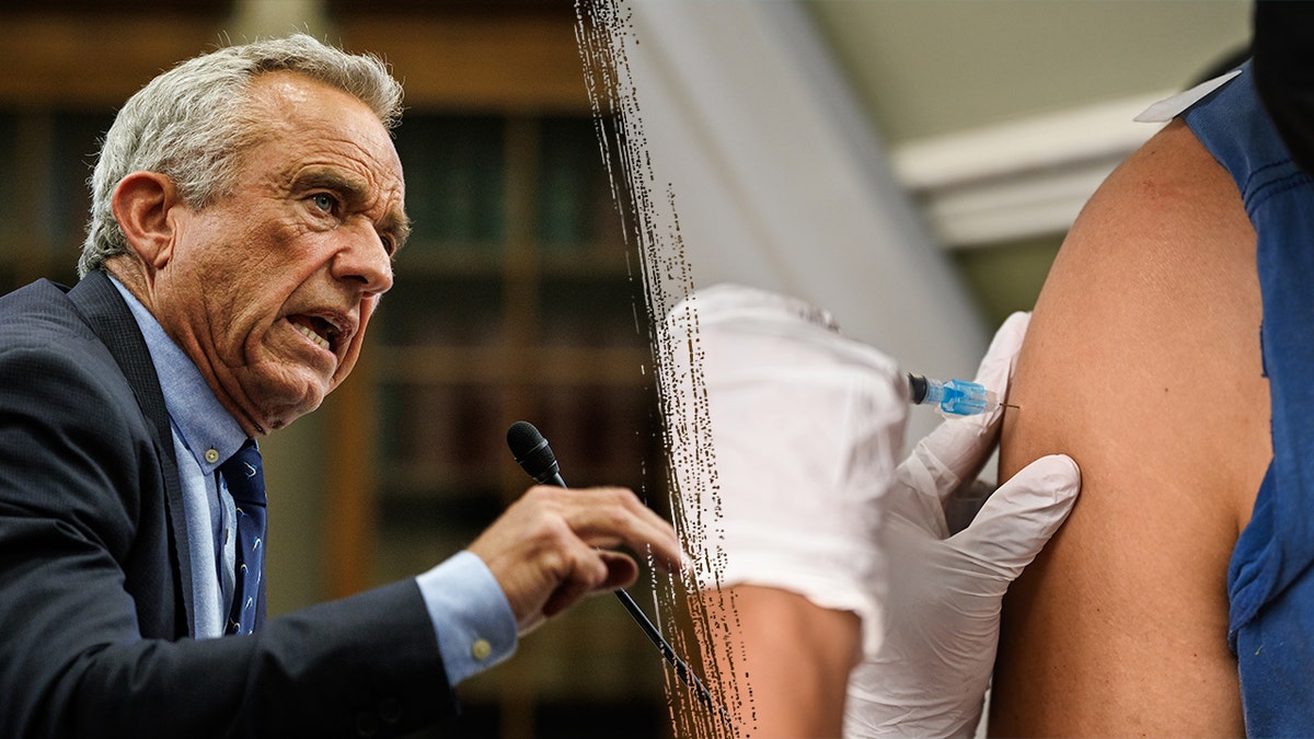 Left, RFK Jr testifies before House Appropriations Committee, right, Closeup of man's arm receiving the Moderna COVID-19 vaccine