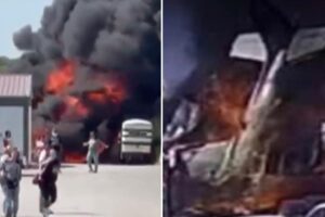 2 dead after plane crashes into 18-wheeler in fiery explosion, shocking video shows
