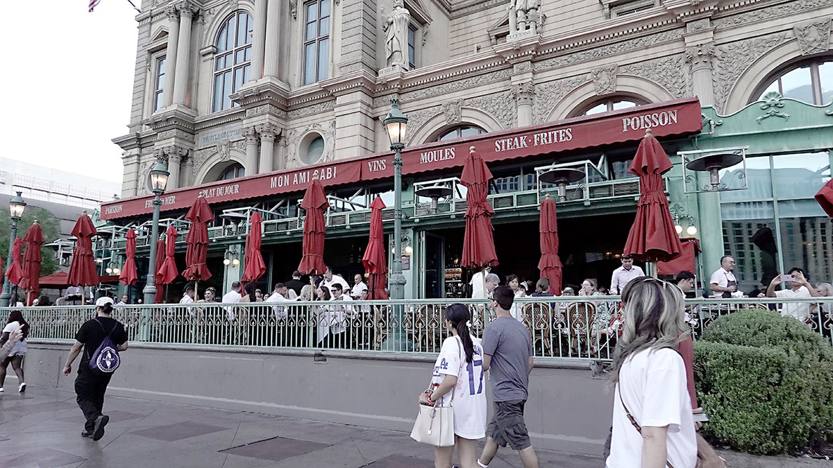 People eating outside at Mon Ami Gabi in Las Vegas.