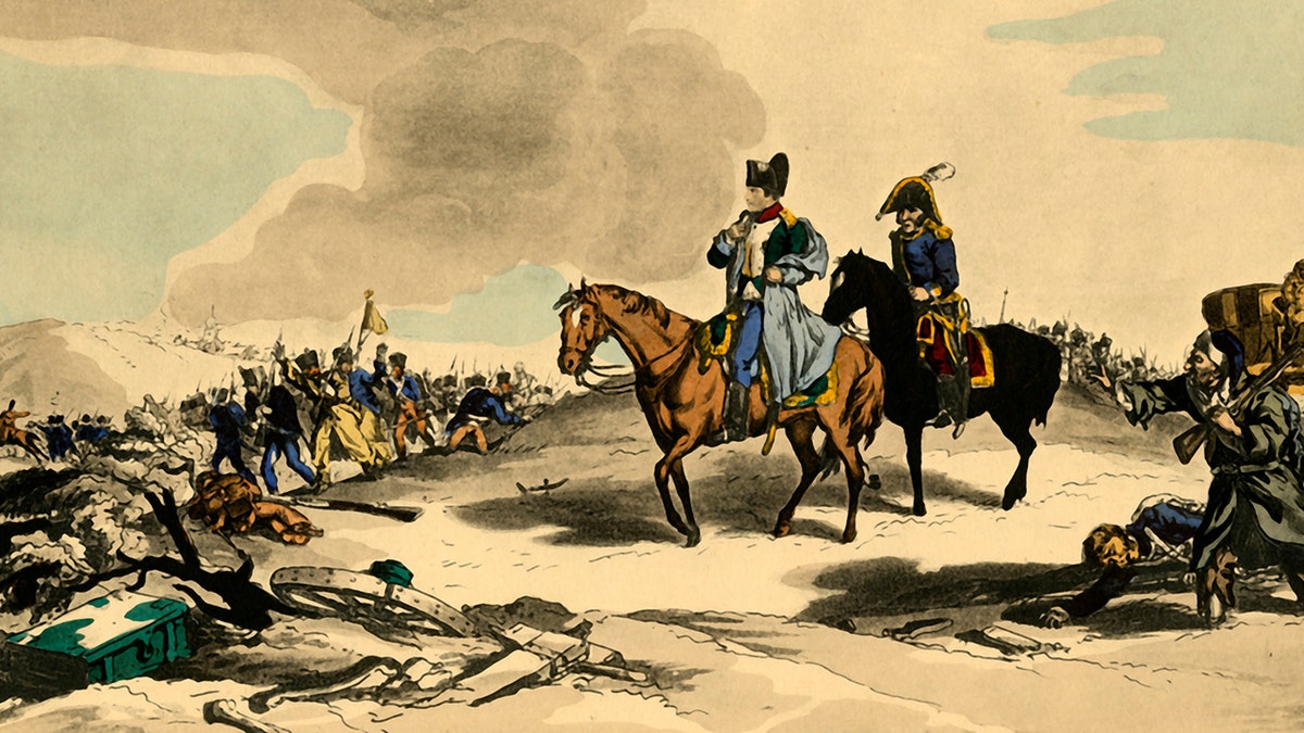 Etching of Napoleon with troops on horseback