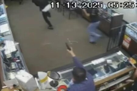 Wild video shows how pistol-packing store owner sent crew of masked robbers fleeing Wild video shows how pistol-packing store owner sent crew of masked robbers fleeing