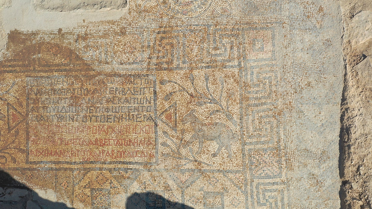 Aerial view of entire mosaic at archaeological site.