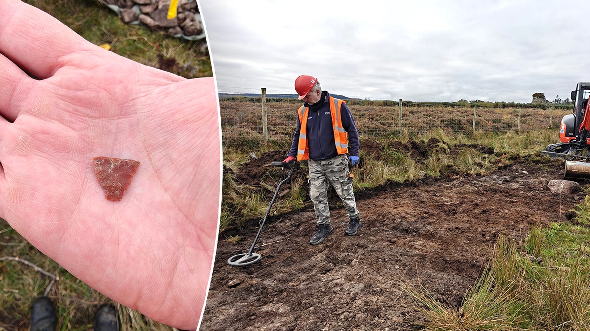 Hand holding projectile, detectorist combing for artifacts