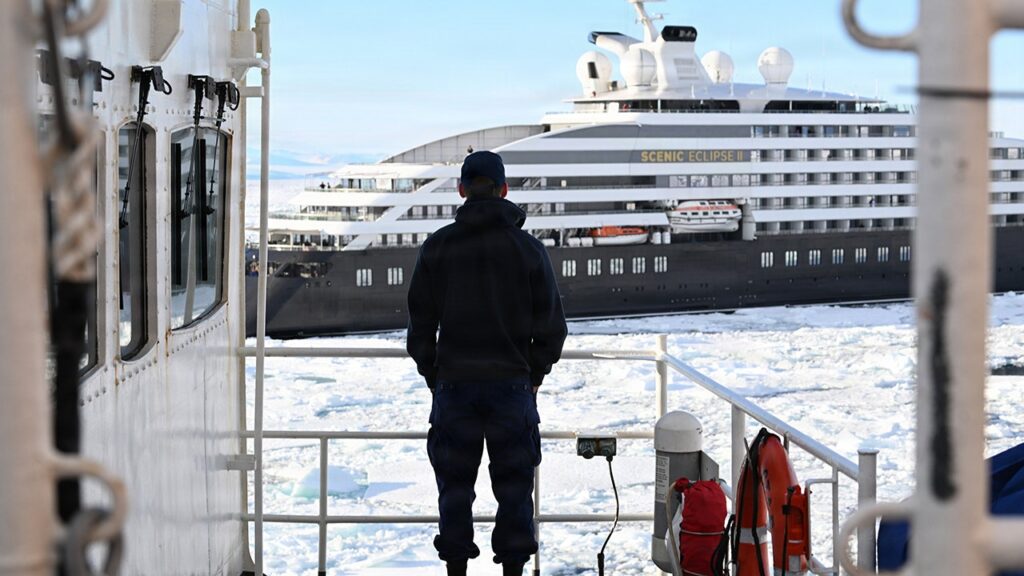 Cruise ship trapped in heavy sea ice is rescued by US Coast Guard vessel