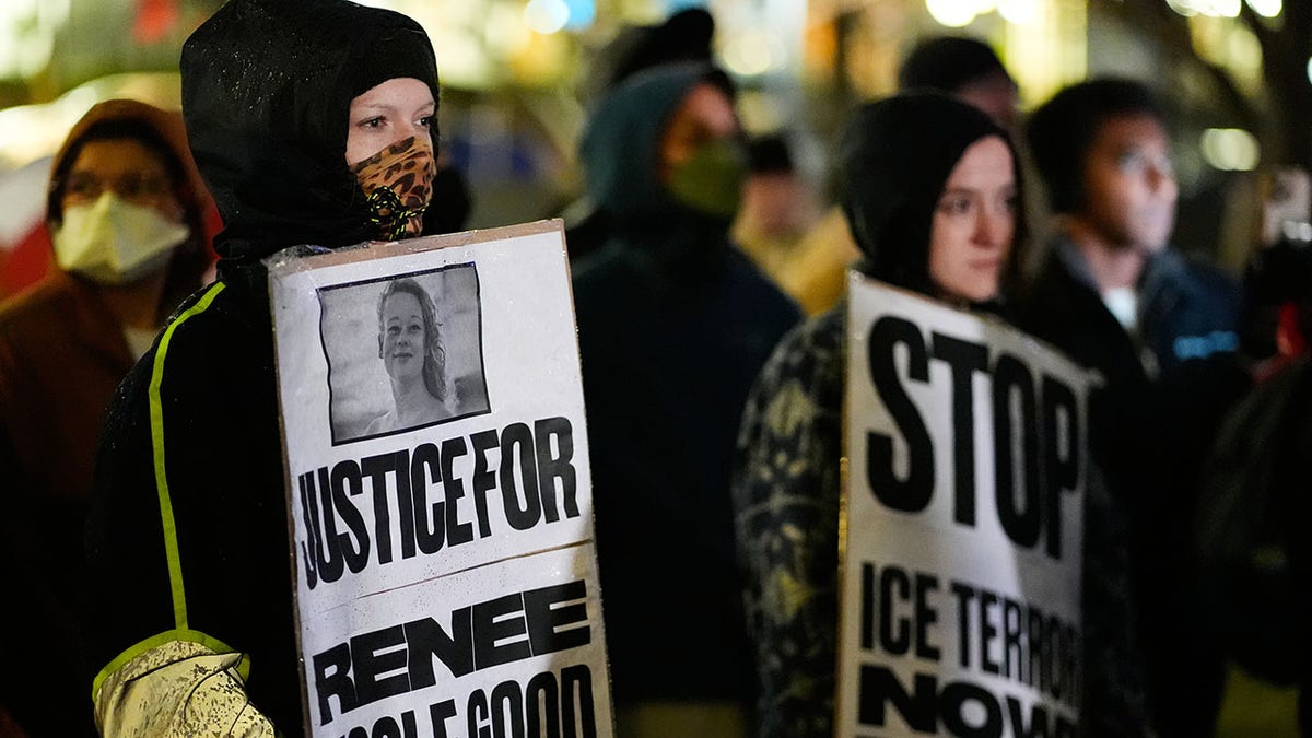 Protesters gather to remember Renee Good in Minneapolis. 