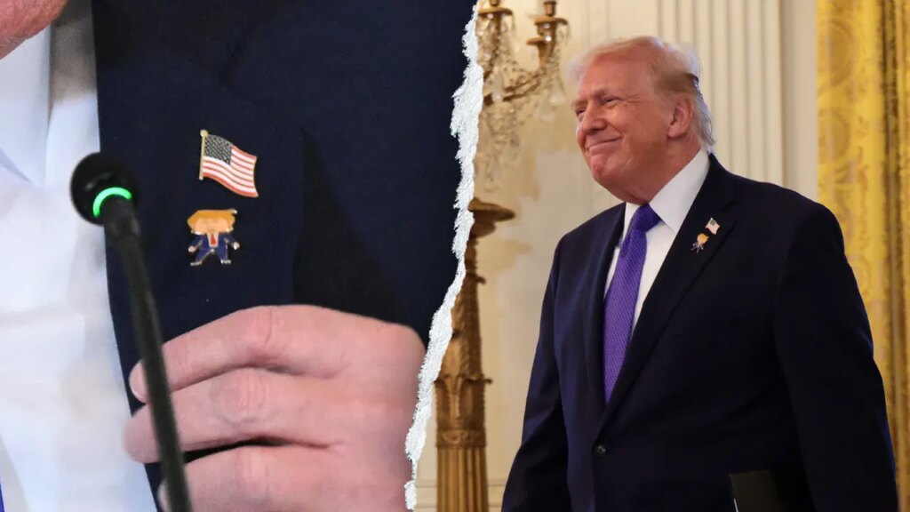 Trump wears ‘happy Trump’ pin alongside American flag during White House oil executive meeting