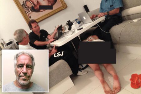 Disturbing photo shows Epstein and pals sitting unfazed as bikini woman crawls under table with picture of naked baby nearby