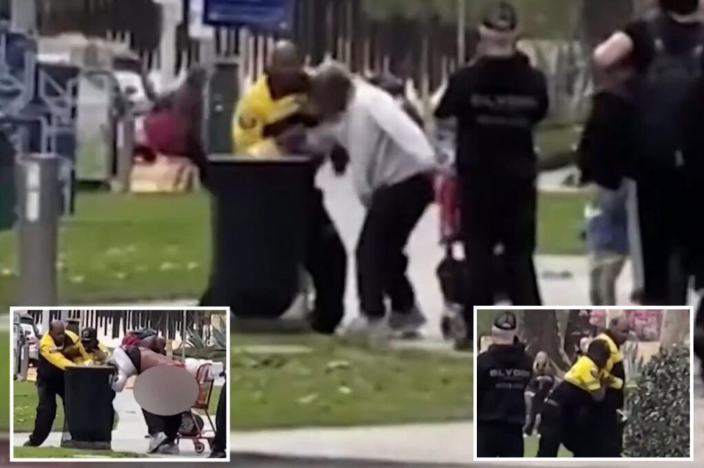 LA security guard caught on camera pummeling homeless man in front of stunned onlookers LA security guard caught on camera pummeling homeless man in front of stunned onlookers