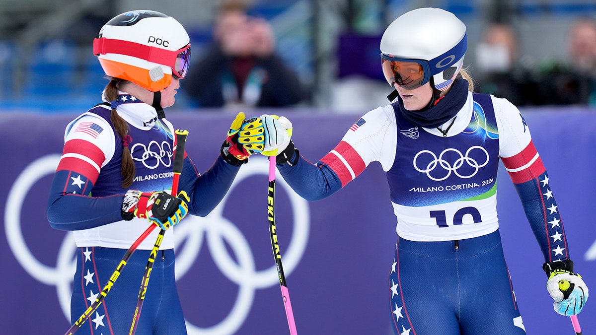 Lindsey Vonn celebrates with Breezy Johnson