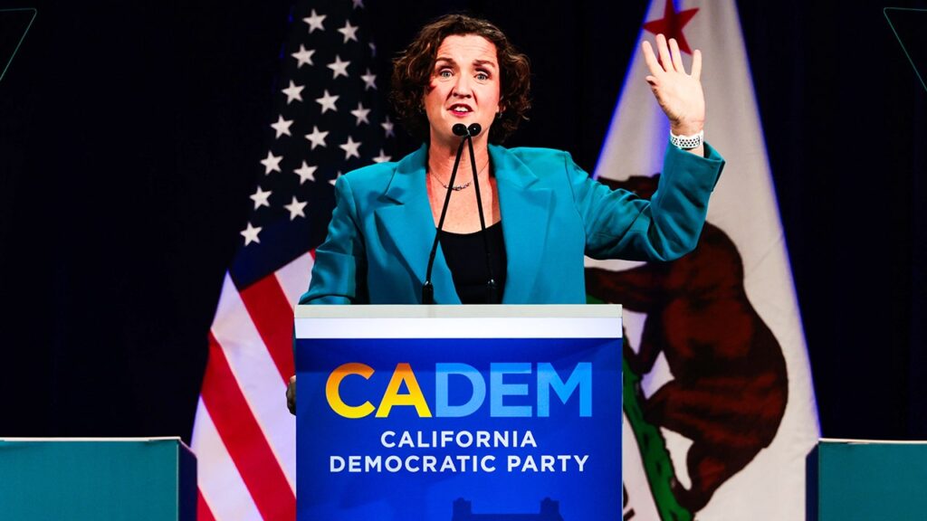 Katie Porter holds ‘F— TRUMP’ sign at California Democratic convention