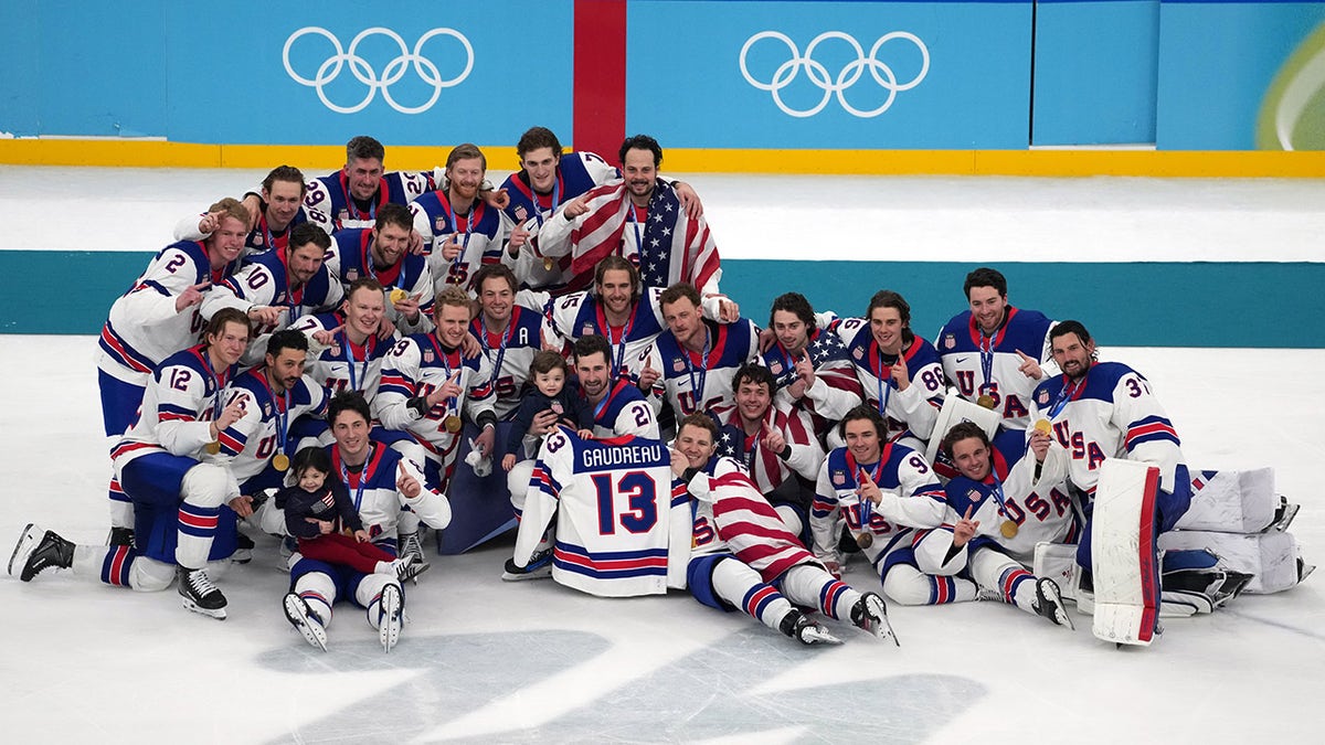 Team USA men's hockey with Johnny Gaudreau's jersey