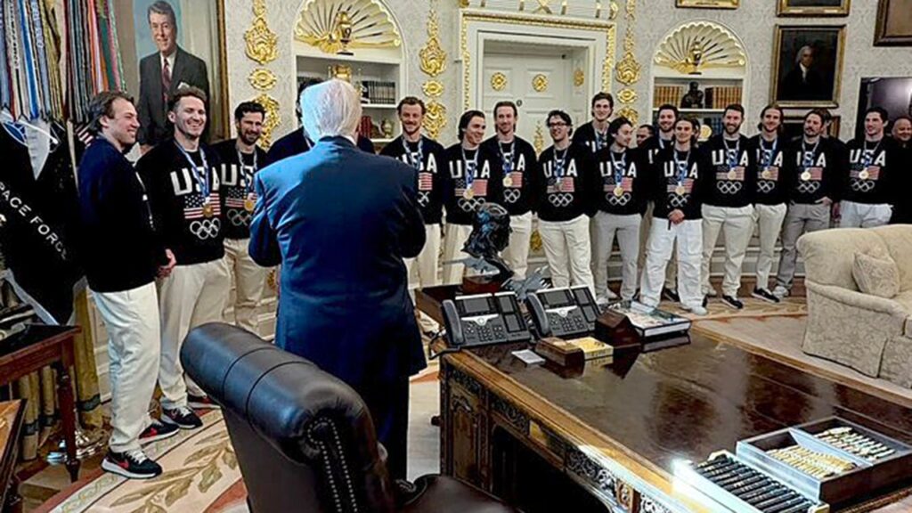 Olympic gold medalist US men’s hockey team visits White House to celebrate historic win over Canada