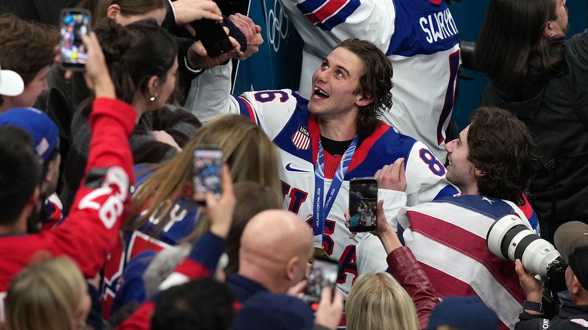 Jack Hughes celebrates
