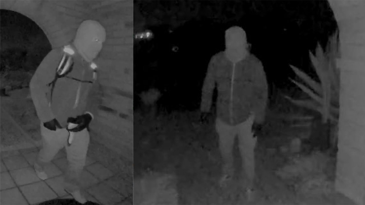 A split image with each side showing am asked man in gloves on Nancy Guthrie's porch.