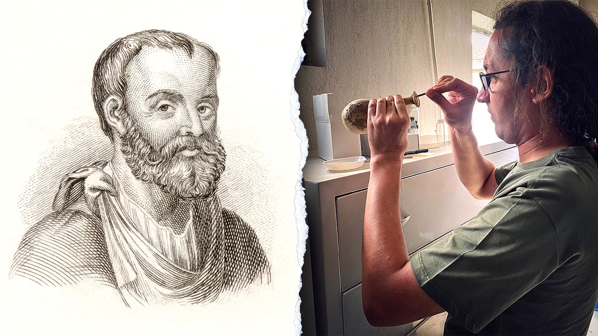 Portrait of Galen next to researcher working with vessel