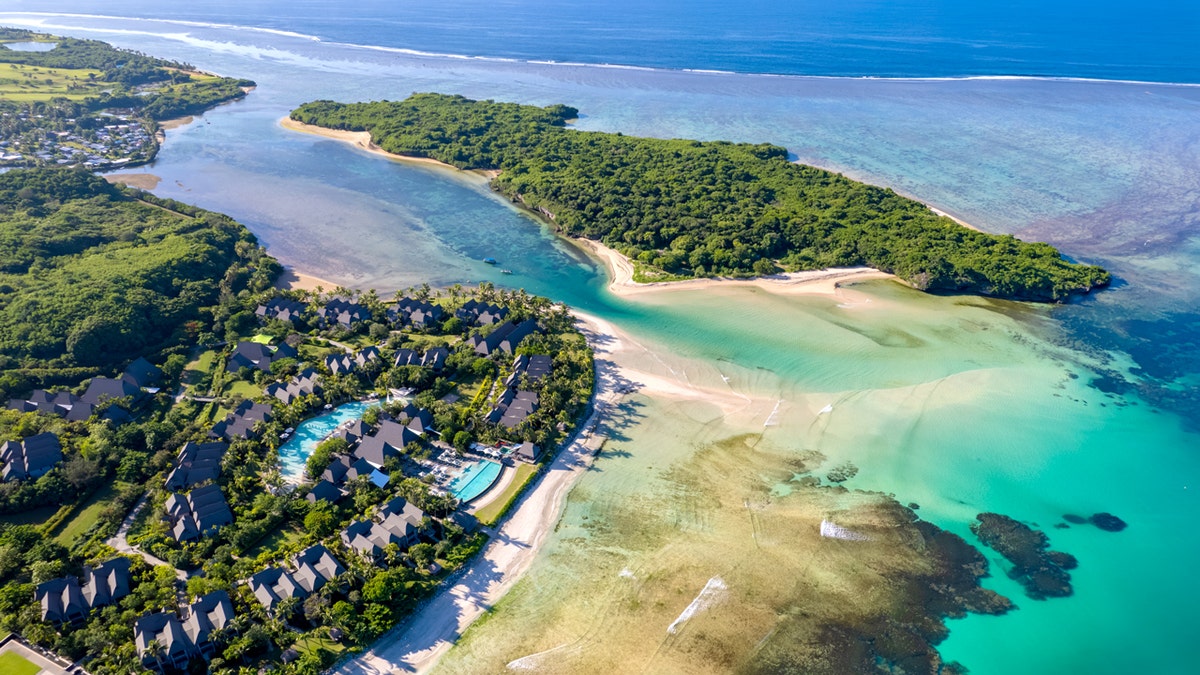 Natadola beach Fiji from above at sunrise