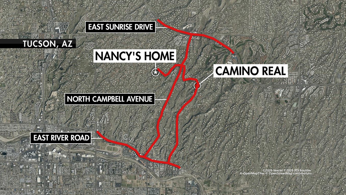 A map of the Catalina Foothills highlighting the route from Camino Escalante to East River Road via Camino Juan Paisano.