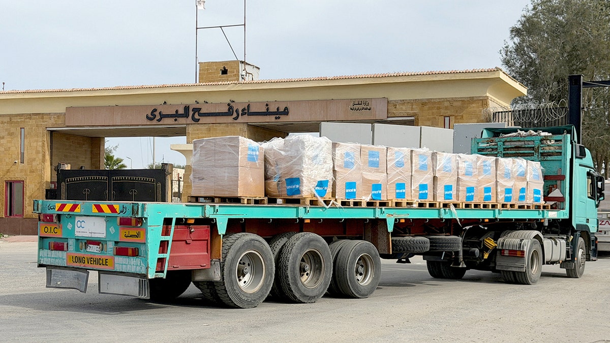Truck with humanitarian aid is seen at Rafah border crossing between Egypt and Gaza