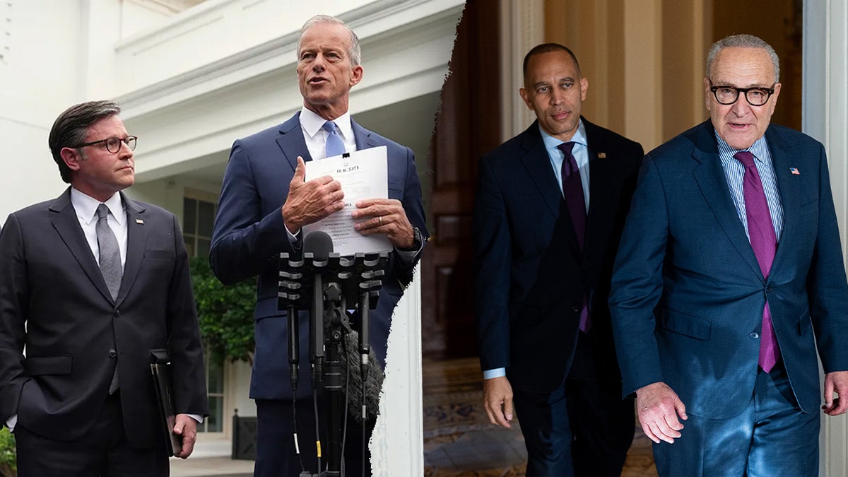 Congressional Republican leaders Mike Johnson and John Thune pictured next to Democrat leaders Hakeem Jeffries and Chuck Schumer