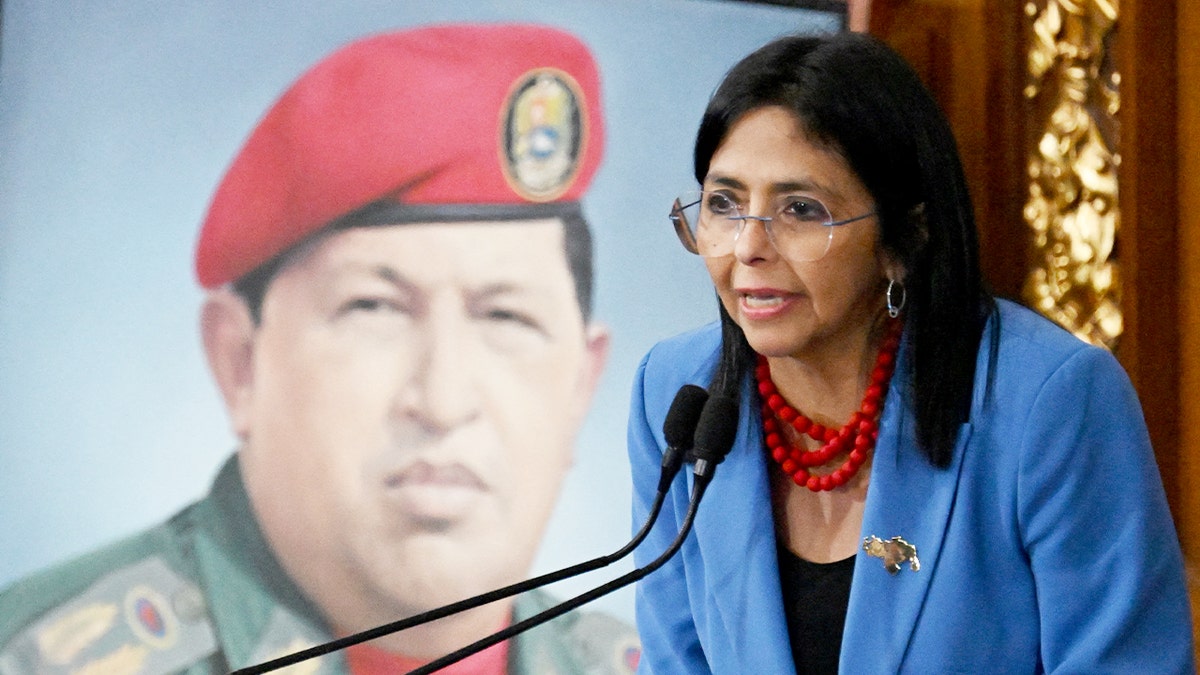 Venezuela’s vice president speaks from the podium during a legislative session in Caracas.