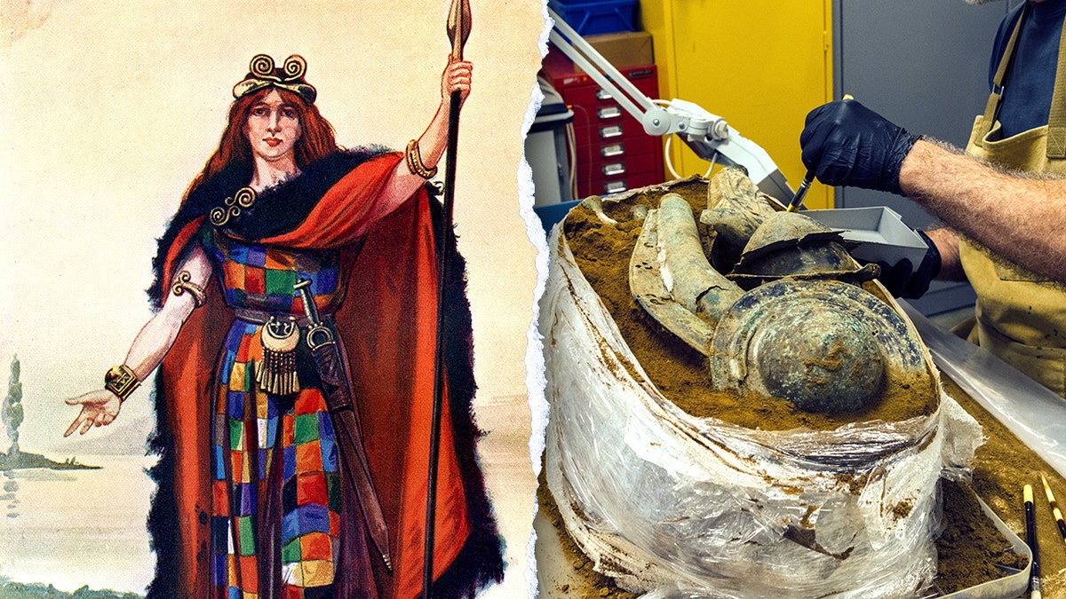 Split image of Boudica, Iron Age trumpet