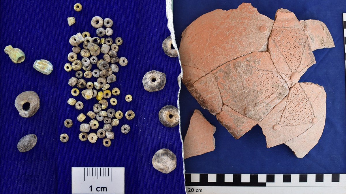 Split image of beads, broken pottery found at site