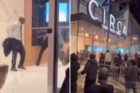 Shocking moment gang storms luxury LA apartments and brawl with doormen following street takeover