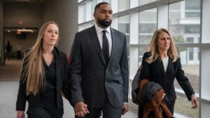 Ex-Michigan football coach Sherrone Moore walks into court hand in hand with wife ahead of latest hearing