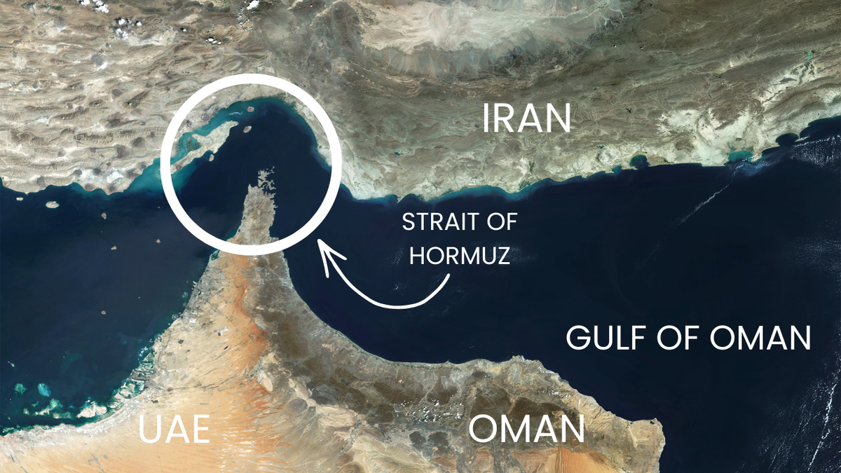 Satellite view showing the Strait of Hormuz connecting the Persian Gulf to the Gulf of Oman