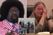 An image collage containing 3 images, Image 1 shows Rapper Afroman testifies in Adams County court during his his trial against the sheriff's office on March 17, 2026, Image 2 shows Adams County Deputy Sheriff Lisa Phillips breaks down while on the stand during the Afroman trial on March 16, 2026, Image 3 shows Adams County Sheriffs agents outside Foreman's home during the raid in August 2022
