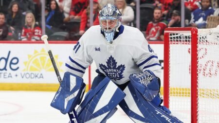 Maple Leafs goalie Anthony Stolarz hospitalized after puck hits throat in freak warmup incident