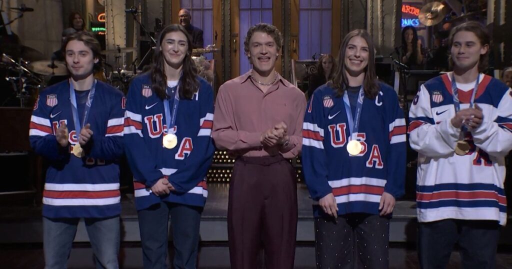 Team USA Hockey’s Hilary Knight and Megan Keller Reunite With Jack and Quinn Hughes to Mock Donald Trump Drama