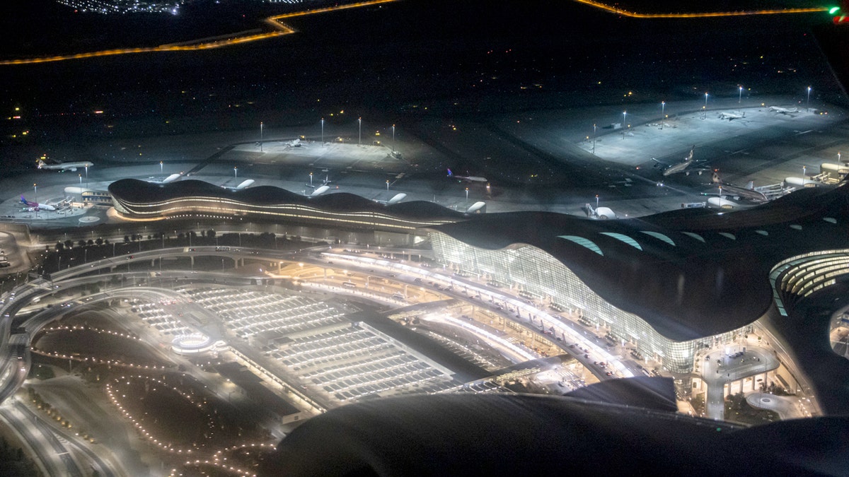 Aerial of Zayed International Airport Of Abu Dhabi at night