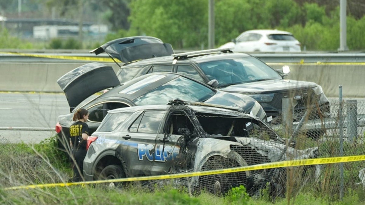 A severely damaged South Daytona Police SUV