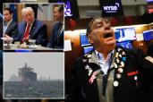 An image collage containing 3 images, Image 1 shows A trader on the floor of the New York Stock Exchange reacts to market changes, Image 2 shows President Trump speaking during a Cabinet meeting at the White House, Image 3 shows Cargo ships in the Gulf, near the Strait of Hormuz