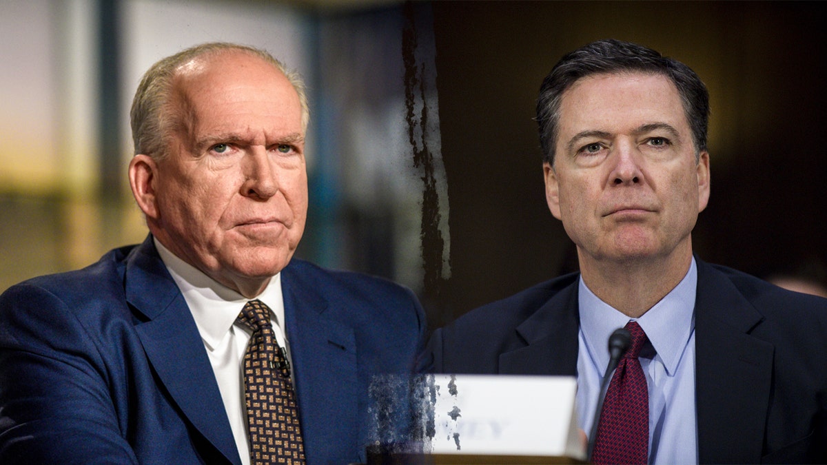 Ex-CIA Director Brennan and ex-FBI Director Comey in a split image.
