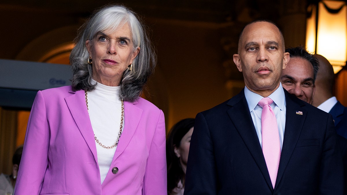 House Minority Whip Katherine Clark and House Minority Leader Hakeem Jeffries