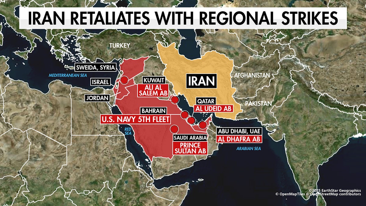 Map of where Iran is retaliating with regional strikes