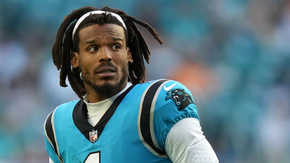 Cam Newton looks on vs Dolphins