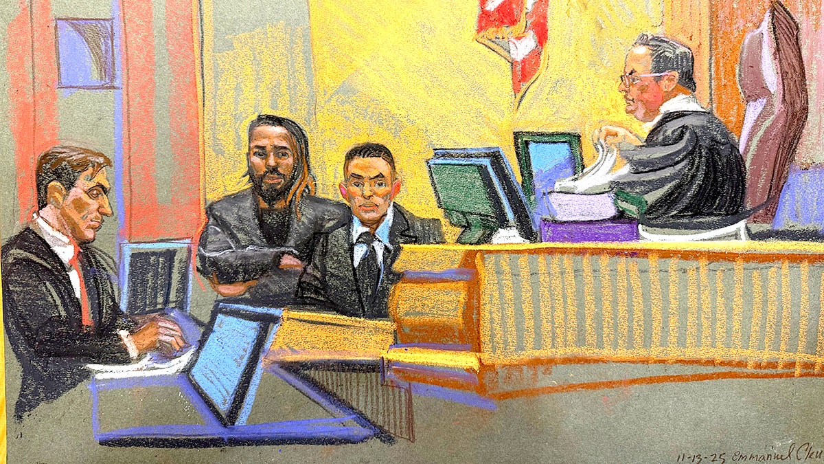 Sketch of Emmanuel Clase de la Cruz in court for sports betting scandal.