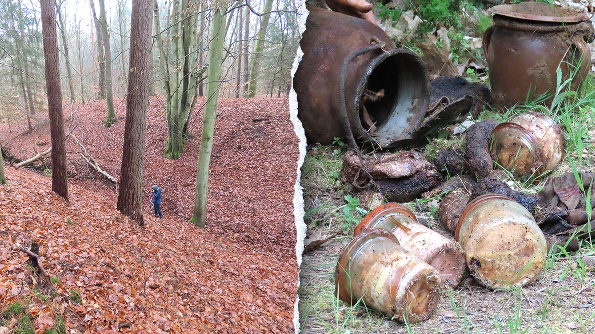 Split image of surveyor, artifacts at site