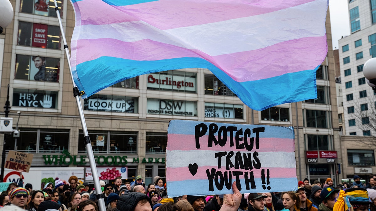 Protester holds sign reading "protect trans youth" while another waves a transgender flag