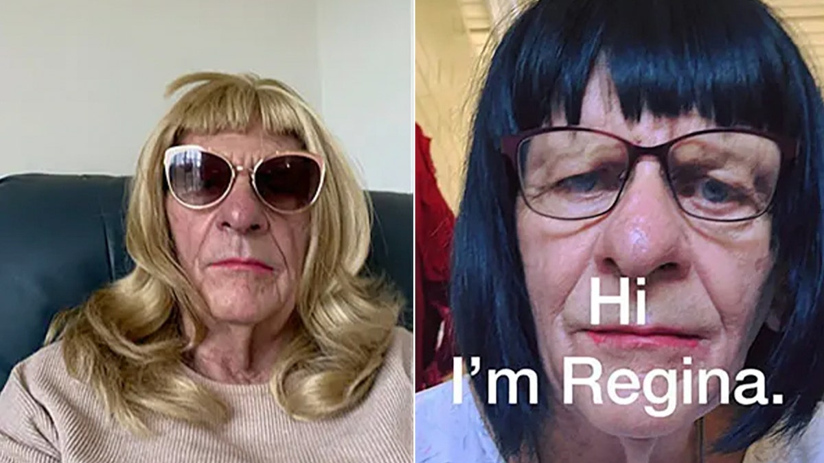 Reginald Arthurell wearing a blong and black wig with lipstick on in two split photos