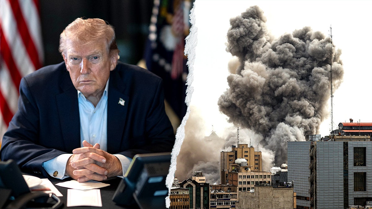 Composite image showing Trump and strike in Iran