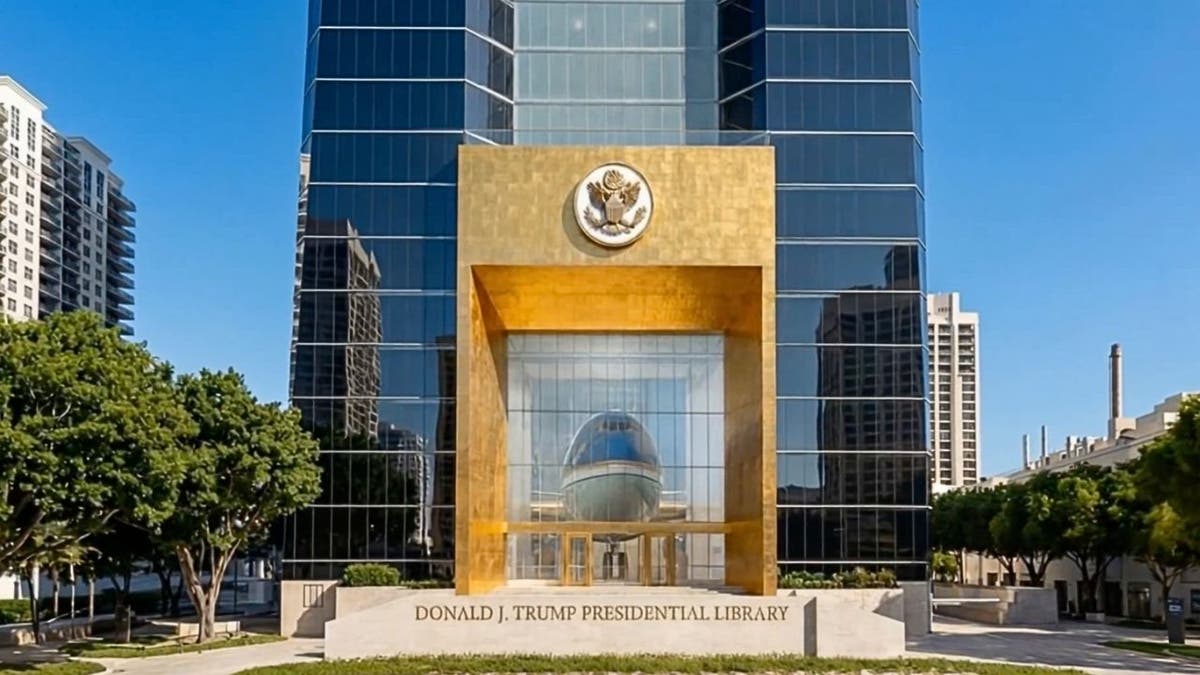 Trump presidential library entrance rendering with gold facade and aircraft