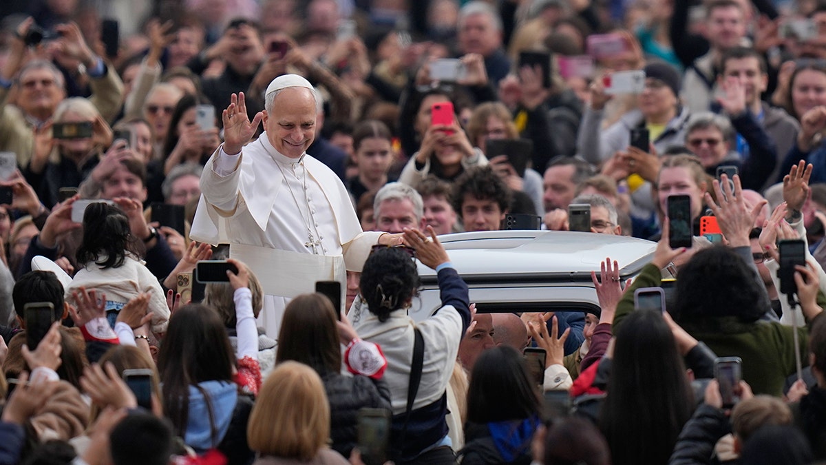 Pope Leo XIV arriving for his weekly general audience in St. Peter's Square at the Vatican.