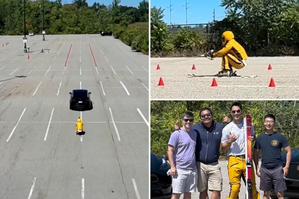 Former US Air Force pilot breaks world record by whizzing on skis at nearly 70 mph across asphalt