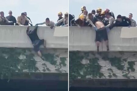 Heart-stopping moment rescuers swoop in on man trying to jump from LA overpass