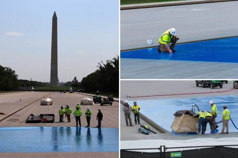 Crews roll out blue coating on Lincoln Memorial Reflecting Pool